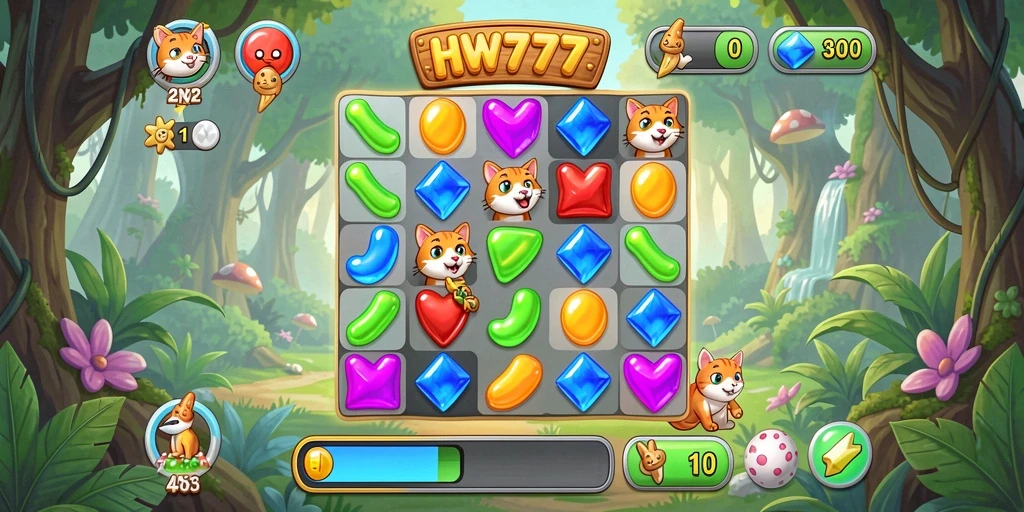 Tampilan menarik dari gameplay HW777 di level Match-3.
