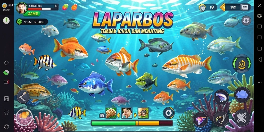 Screenshot utama menunjukkan aksi seru dalam permainan Tembak Ikan.
