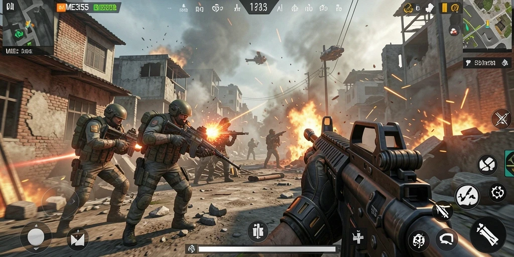 Tangkapan layar gameplay ME355 yang penuh aksi FPS.