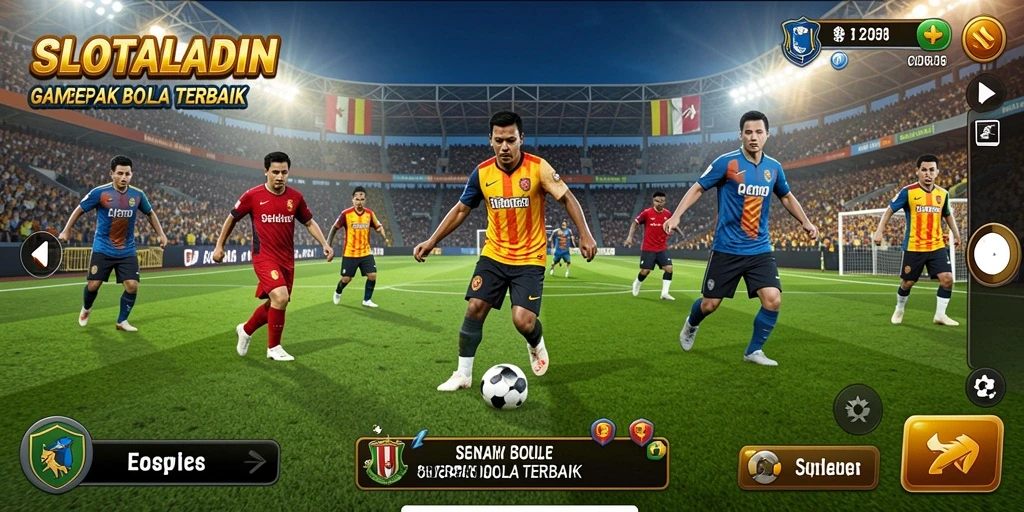 Screenshot gameplay SLOTALADIN menunjukkan aksi seru di lapangan sepak bola.