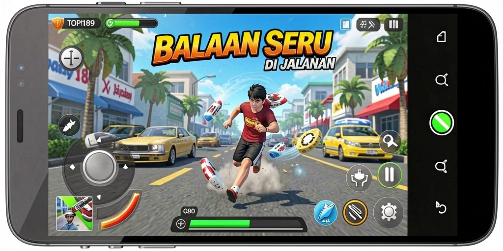 Tampilan gameplay seru di trek balap dengan mobil kencang.